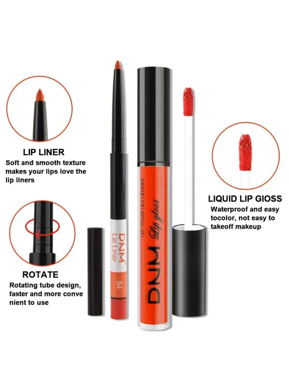 DNM 54# Light Orange Red 2Pcs 24H Long-Lasting Matte Liquid Lipstick and Lip Lin